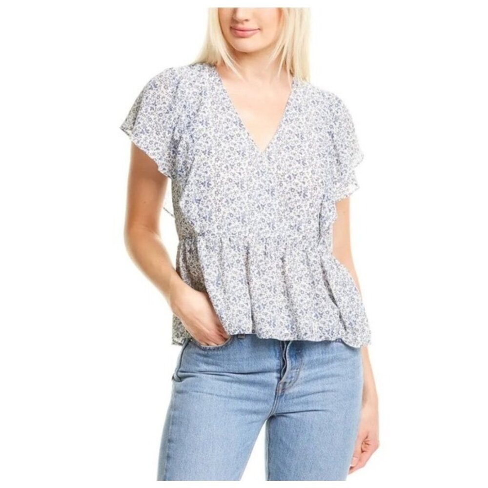 Madewell Blue Georgette Ruffle Sleeve Peplum Top in Americana Floral sz xs